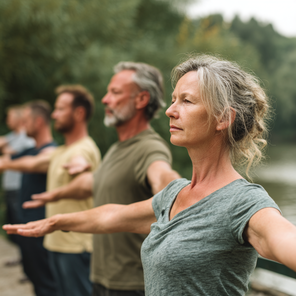 Middle-aged adults practicing gentle movement exercises in natural environment